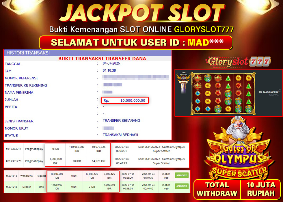 GLORYSLOT777 JACKPOT SLOT GATES OF OLYMPUS SUPER SCATTER Rp 10.000.000,- LUNAS