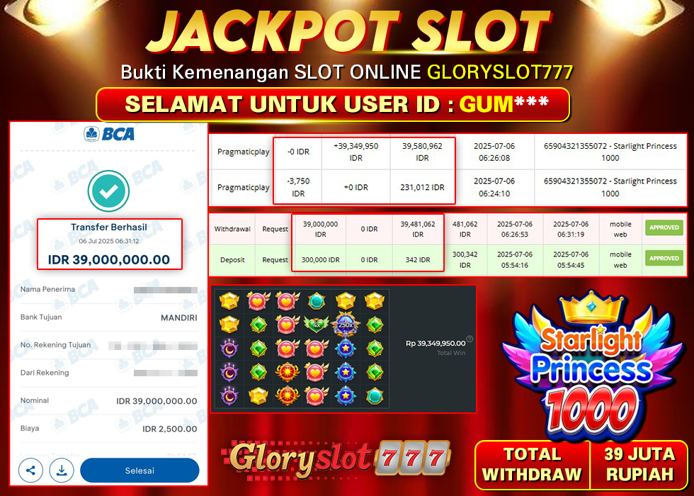 GLORYSLOT777 JACKPOT SLOT STARLIGHT PRINCESS 1000 Rp 39.000.000,- LUNAS