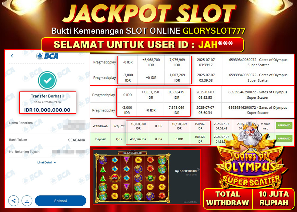 GLORYSLOT777 JACKPOT SLOT GATES OF OLYMPUS SUPER SCATTER Rp 10.000.000,- LUNAS