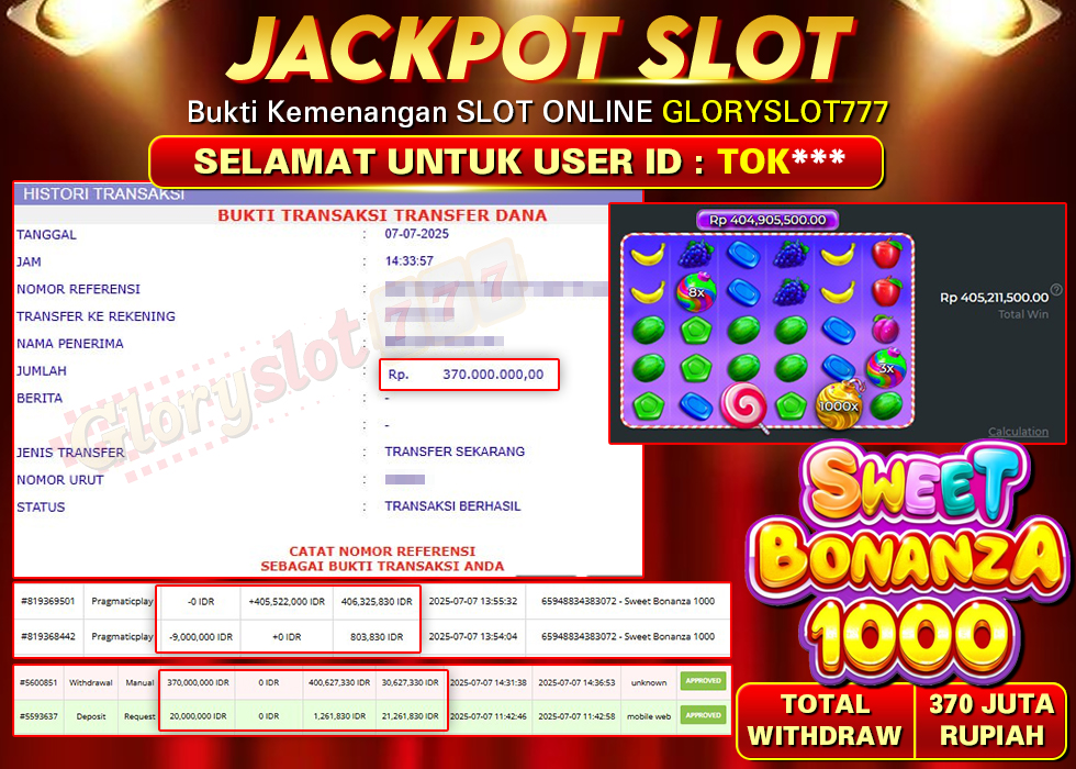 GLORYSLOT777 JACKPOT SLOT SWEET BONANZA 1000 Rp 370.000.000,- LUNAS