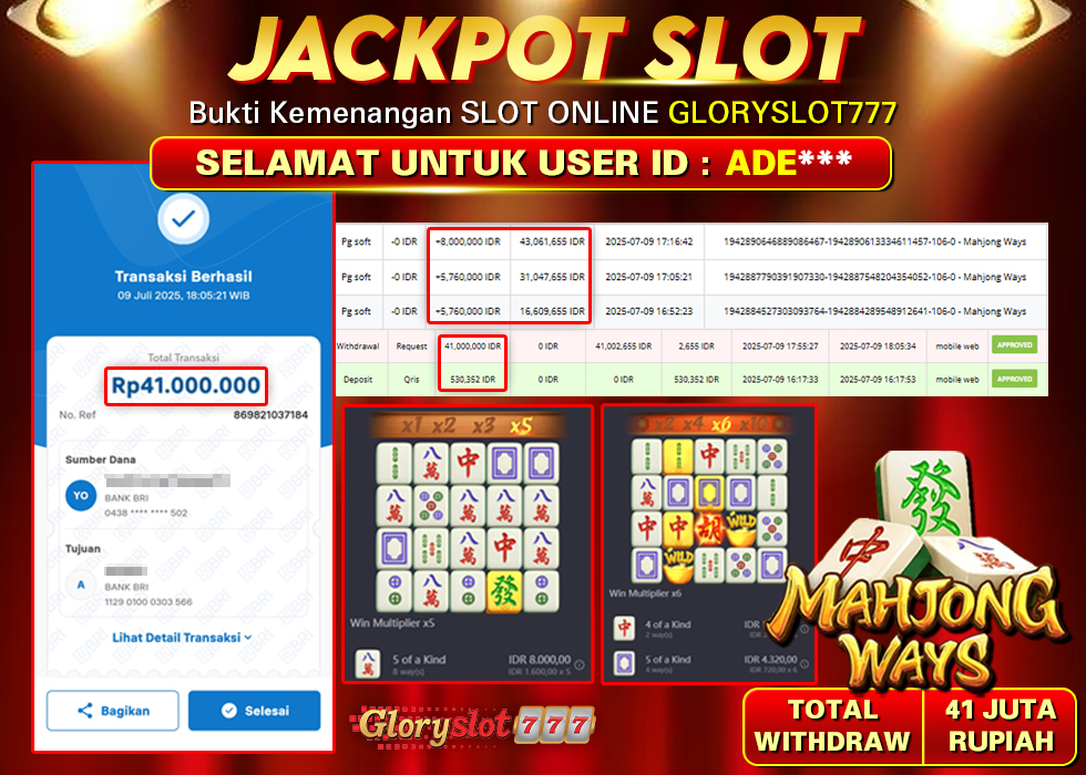 GLORYSLOT777 JACKPOT SLOT MAHJONG WAYS Rp 41.000.000,- LUNAS