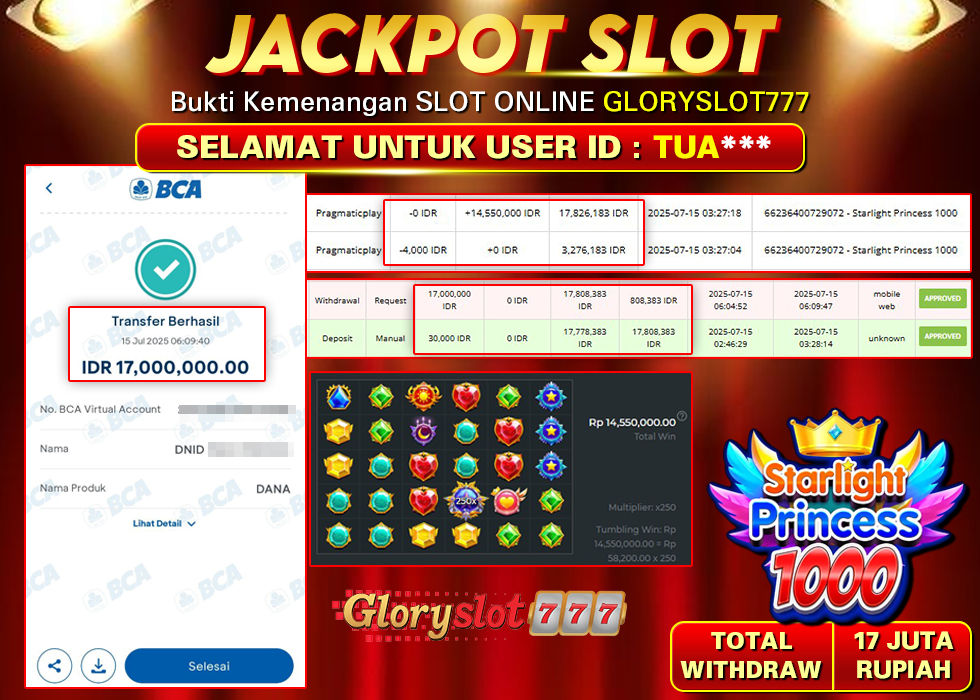 GLORYSLOT777 JACKPOT SLOT STARLIGHT PRINCESS 1000 Rp 17.000.000,- LUNAS