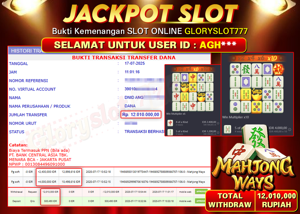 GLORYSLOT777 JACKPOT SLOT MAHJONG WAYS Rp 12.010.000,- LUNAS