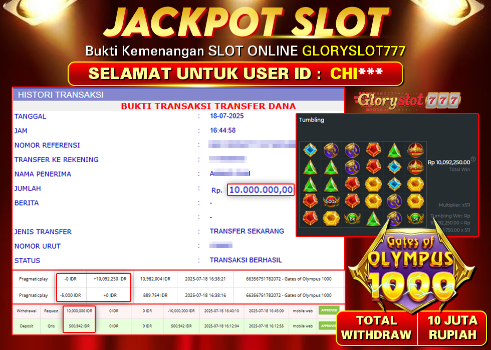 GLORYSLOT777 JACKPOT SLOT GATES OF OLYMPUS 1000 Rp 10.000.000,- LUNAS