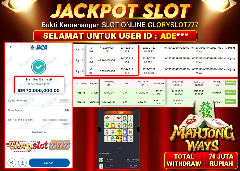 GLORYSLOT777 JACKPOT SLOT MAHJONG WAYS Rp 70.000.000,- LUNAS