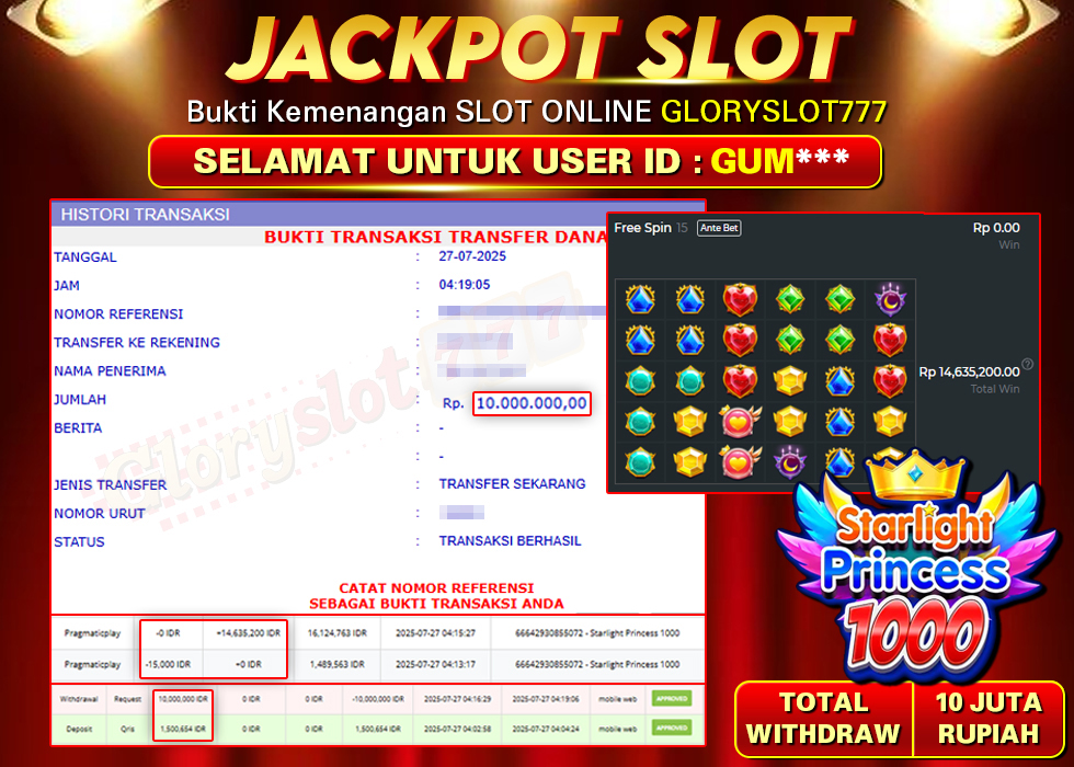 GLORYSLOT777 JACKPOT SLOT STARLIGHT PRINCESS 1000 Rp 10.000.000,- LUNAS