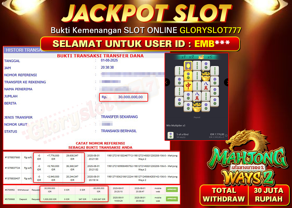GLORYSLOT777 JACKPOT SLOT MAHJONG WAYS 2 Rp 30.000.000,- LUNAS
