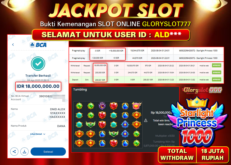 GLORYSLOT777 JACKPOT SLOT STARLIGHT PRINCESS 1000 Rp 18.000.000,- LUNAS