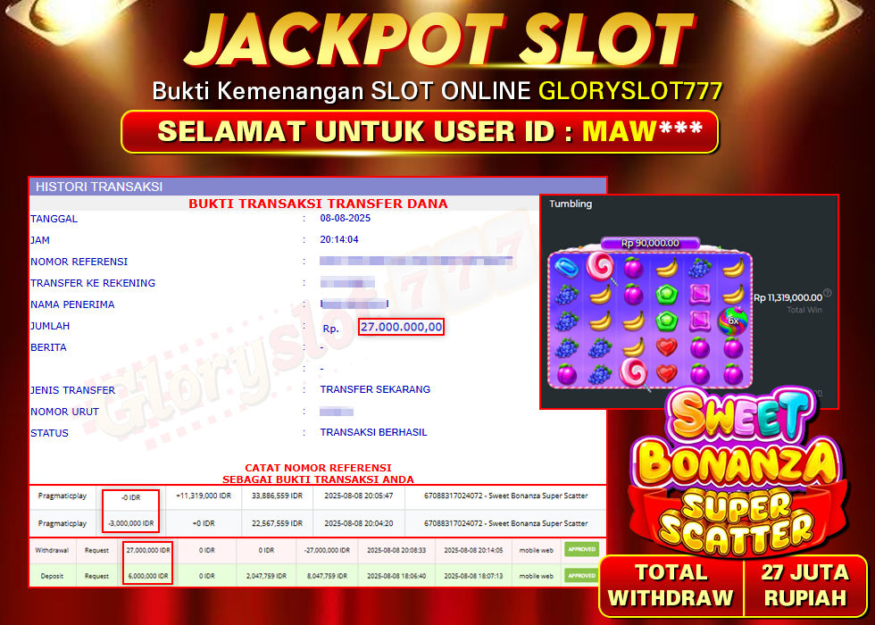 GLORYSLOT777 JACKPOT SLOT SWEET BONANZA SUPER SCATTER Rp 27.000.000,- LUNAS