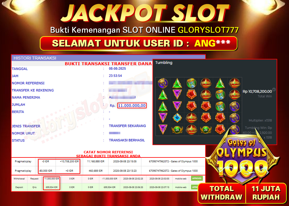 GLORYSLOT777 JACKPOT SLOT GATES OF OLYMPUS x1.000 Rp 17.000.000,- LUNAS