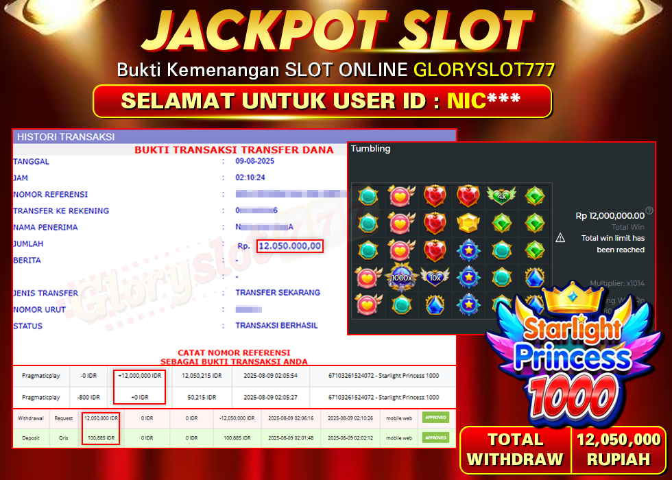 GLORYSLOT777 JACKPOT SLOT STARLIGHT PRINCESS 1000 Rp 12.050.000,- LUNAS