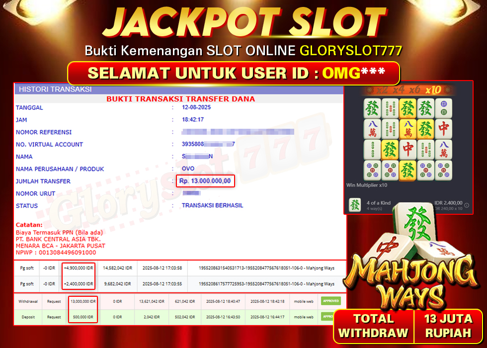GLORYSLOT777 JACKPOT SLOT MAHJONG WAYS Rp 13.000.000,- LUNAS