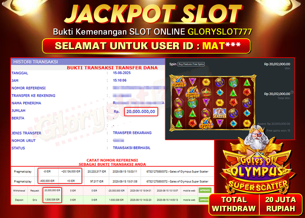 GLORYSLOT777 JACKPOT SLOT GATES OF OLYMPUS SUPER SCATTER Rp 20.000.000,- LUNAS
