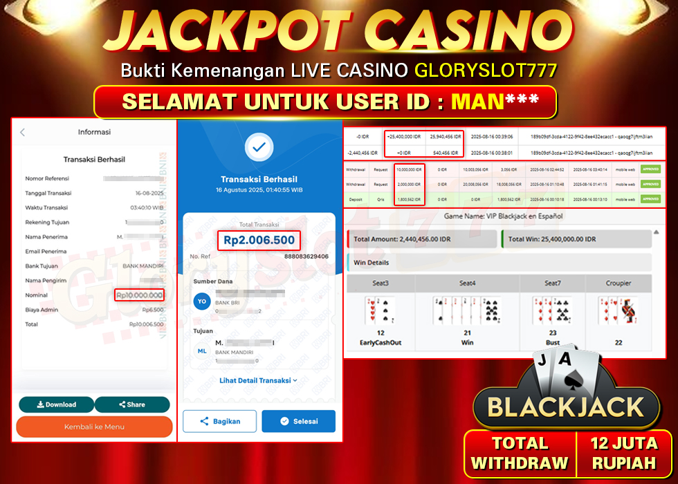 GLORYSLOT777 JACKPOT LIVECASINO BLACKJACK Rp 12.000.000,- LUNAS