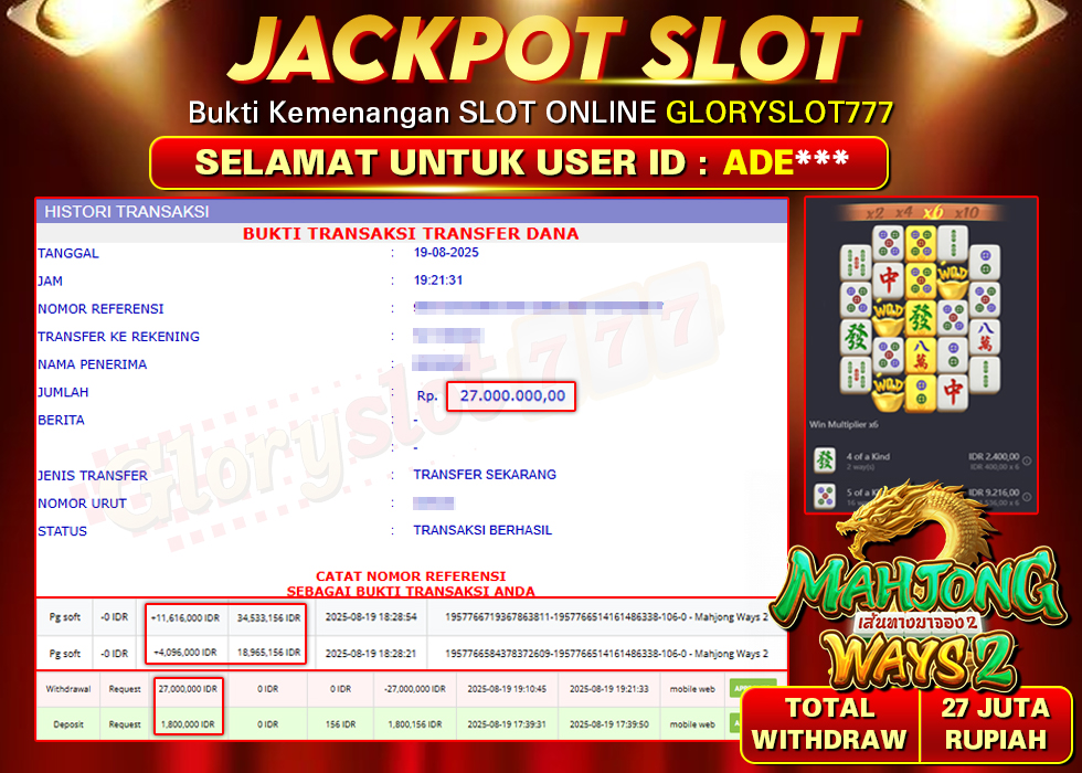 GLORYSLOT777 JACKPOT SLOT MAHJONG WAYS 2 Rp 27.000.000,- LUNAS