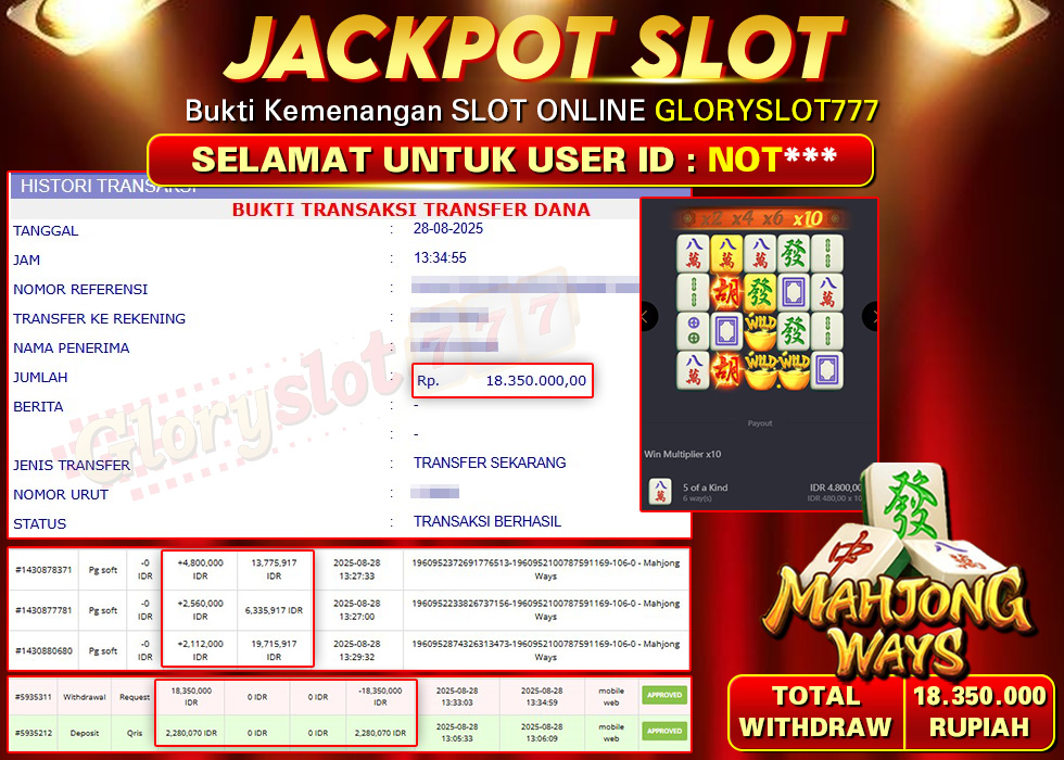 GLORYSLOT777 JACKPOT SLOT MAHJONG WAYS Rp 18.350.000,- LUNAS