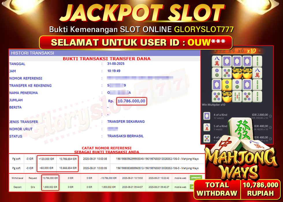 GLORYSLOT777 JACKPOT SLOT MAHJONG WAYS Rp 10.786.000,- LUNAS