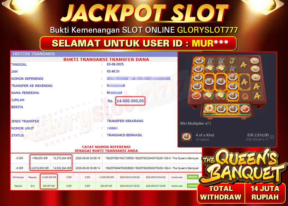 GLORYSLOT777 JACKPOT SLOT THE QUEEN'S BANQUET Rp 14.000.000.,- LUNAS