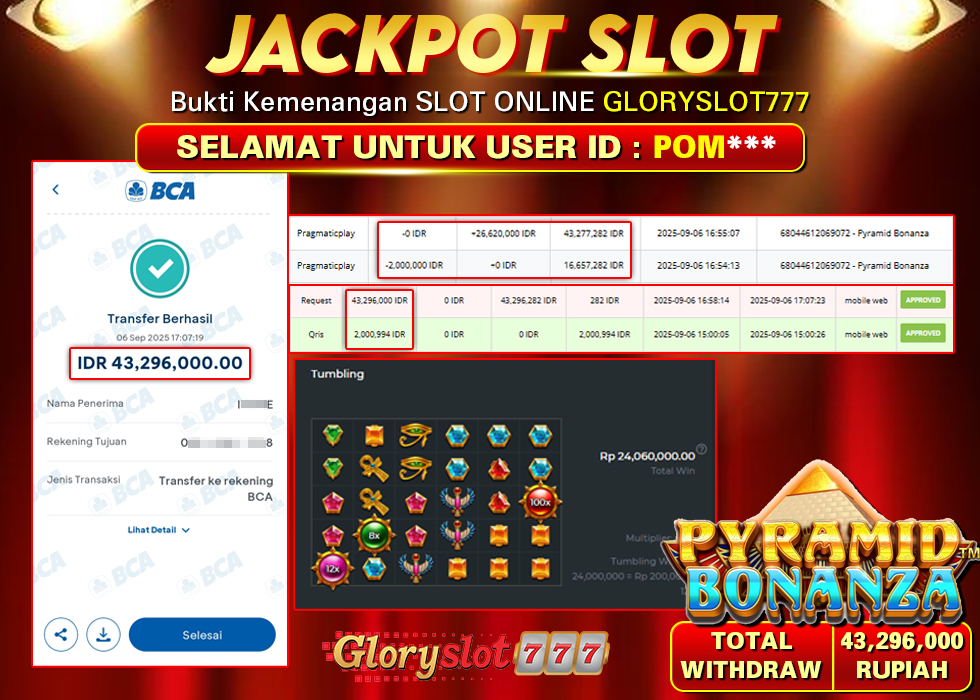 GLORYSLOT777 JACKPOT SLOT PYRAMID BONANZA Rp 43.296.000,- LUNAS