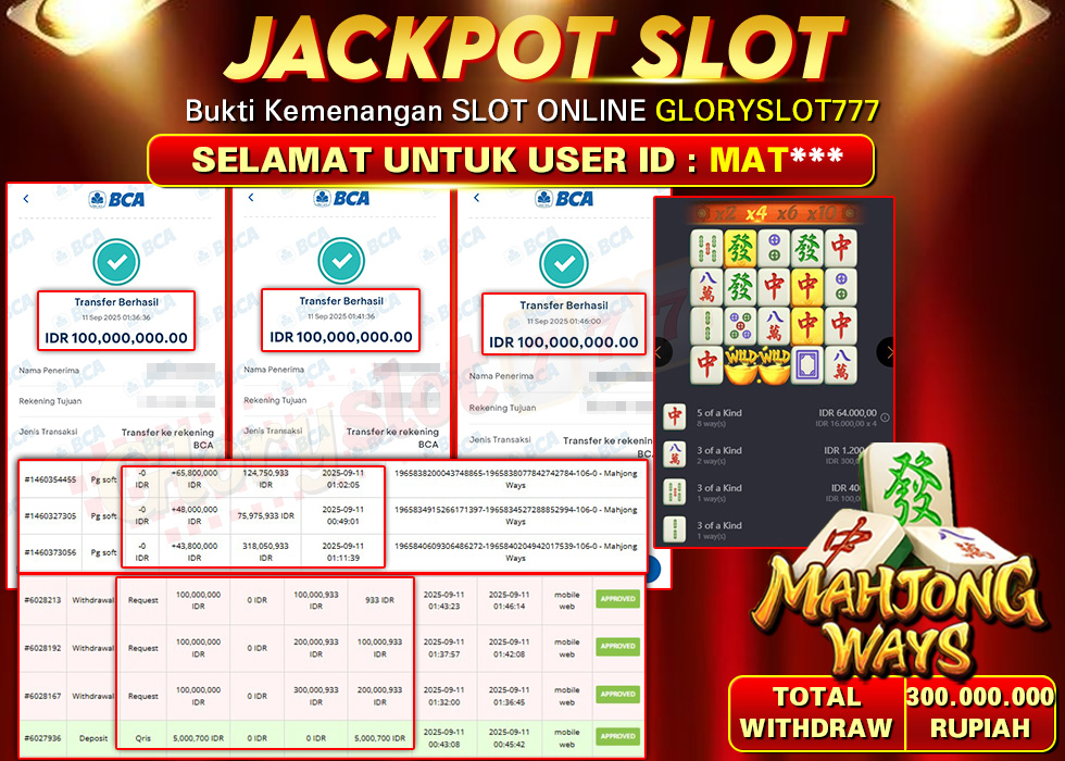 GLORYSLOT777 JACKPOT SLOT MAHJONG WAYS Rp 300.000.000,- LUNAS
