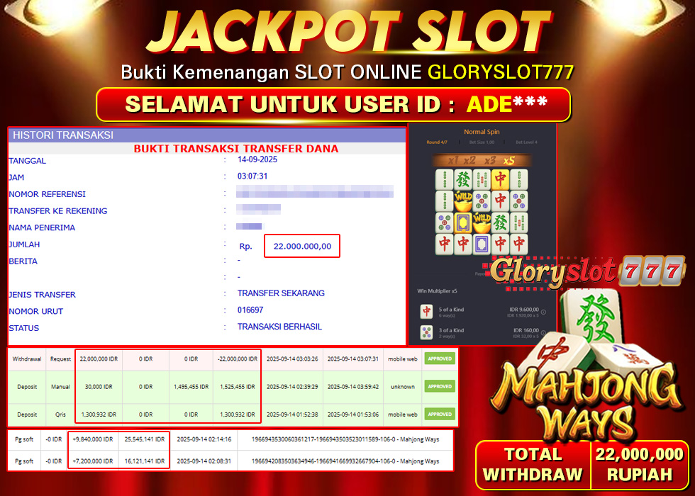 GLORYSLOT777 JACKPOT SLOT MAHJONG WAYS Rp 22.000.000,- LUNAS
