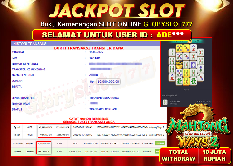 GLORYSLOT777 JACKPOT SLOT MAHJONG WAYS 2 Rp 10.000.000,- LUNAS