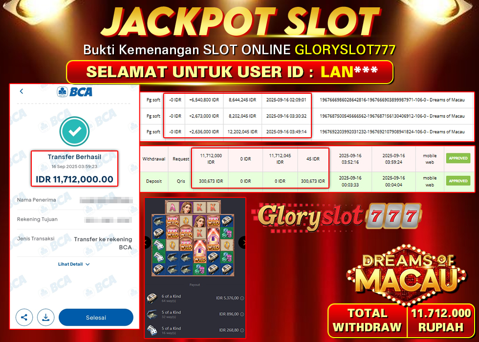 GLORYSLOT777 JACKPOT SLOT DREAM OF MACAU Rp 11.712.000,- LUNAS