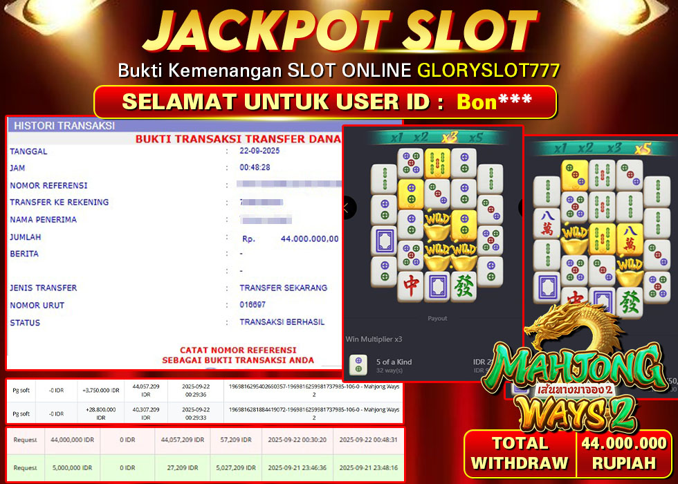 GLORYSLOT777 JACKPOT SLOT MAHJONG WAYS 2 Rp 44.000.000.,- LUNAS