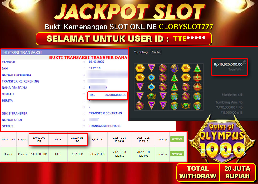GLORYSLOT777 JACKPOT SLOT GATES OF OLYMPUS 1000 Rp 20.000.000.,- LUNAS