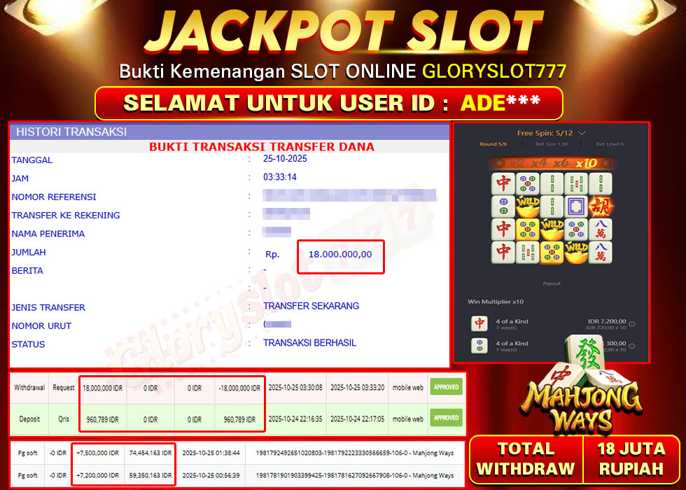 GLORYSLOT777 JACKPOT SLOT MAHJONG WAYS Rp 18.000.000.,- LUNAS