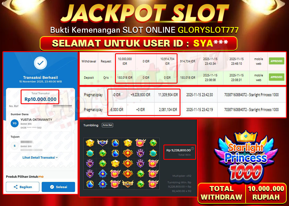 GLORYSLOT777 JACKPOT SLOT STARLIGHT PRINCESS 1000 Rp 10.000.000,- LUNAS