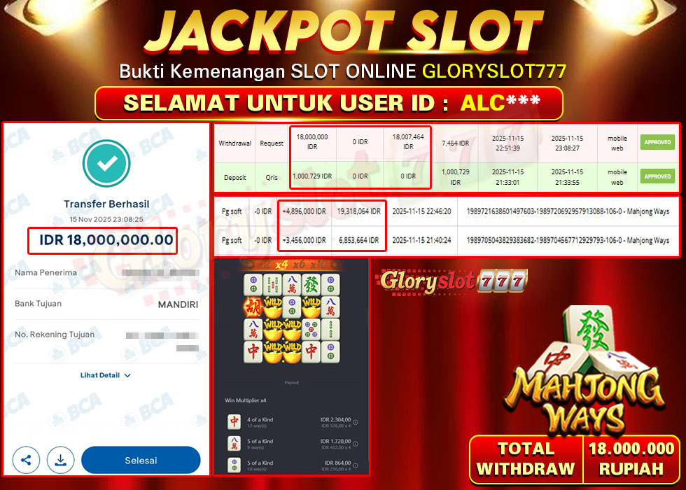 GLORYSLOT777 JACKPOT SLOT MAHJONG WAYS Rp 18.000.000,- LUNAS