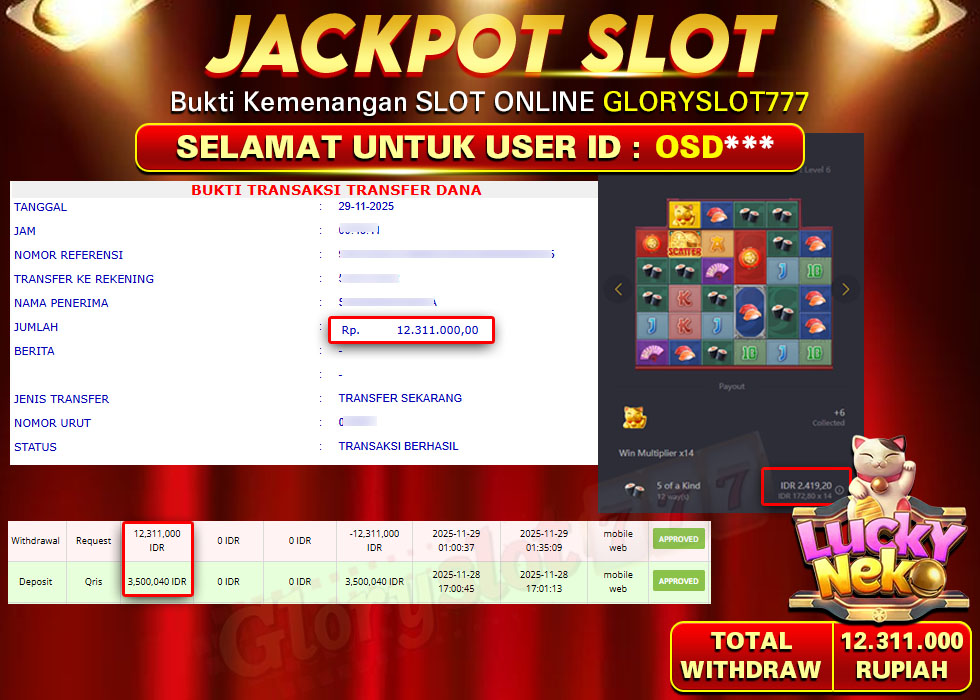 GLORYSLOT777 JACKPOT SLOT LUCKY NEKO Rp 12.311.000,- LUNAS