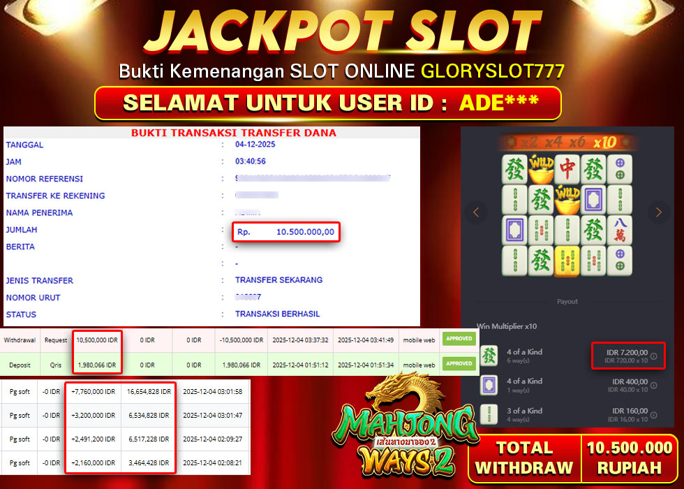 GLORYSLOT777 JACKPOT SLOT MAHJONG WAYS 2 Rp 10.500.000,- LUNAS