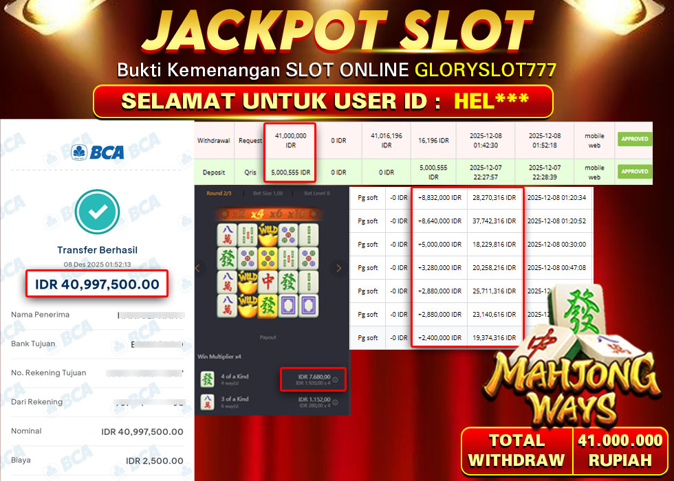 GLORYSLOT777 JACKPOT SLOT MAHJONG WAYS Rp 41.000.000,- LUNAS