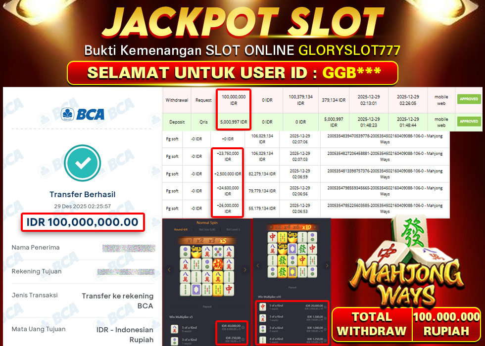 GLORYSLOT777 JACKPOT SLOT MAHJONG WAYS Rp 100.000.000,- LUNAS