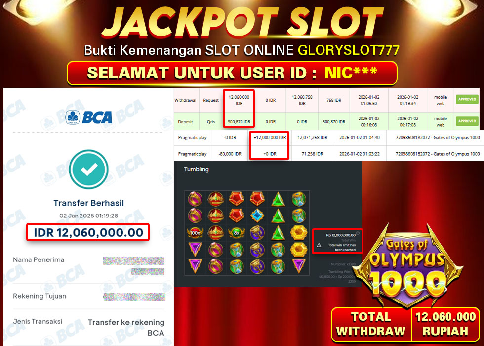 GLORYSLOT777 JACKPOT SLOT GATES OF OLYMPUS 1000 Rp 12.060.000,- LUNAS