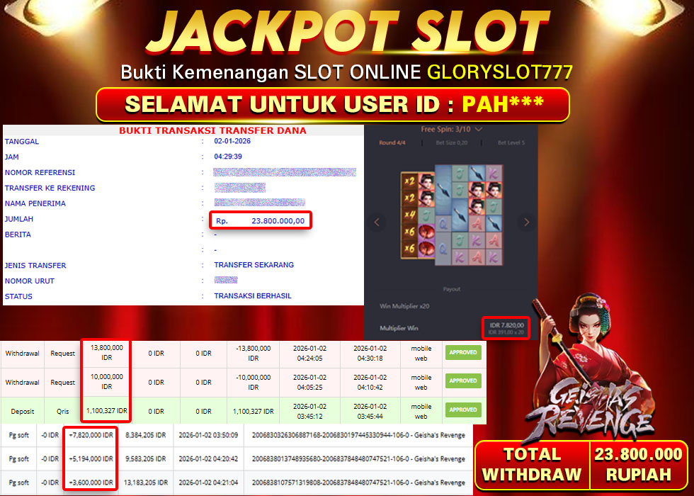 GLORYSLOT777 JACKPOT SLOT GEISHA'S REVENGE Rp 23.800.000,- LUNAS