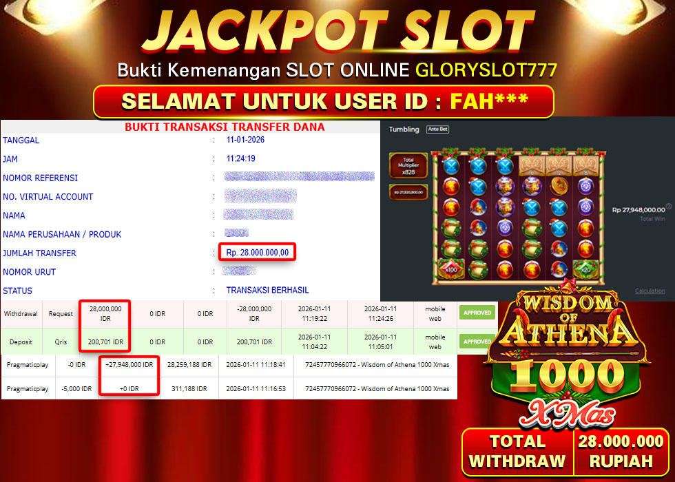 GLORYSLOT777 JACKPOT SLOT WISDOM OF ATHENA 1000 XMAS Rp 28.000.000,- LUNAS