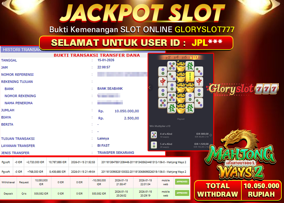 GLORYSLOT777 JACKPOT SLOT MAHJONG WAYS 2 Rp 10.050.000,- LUNAS