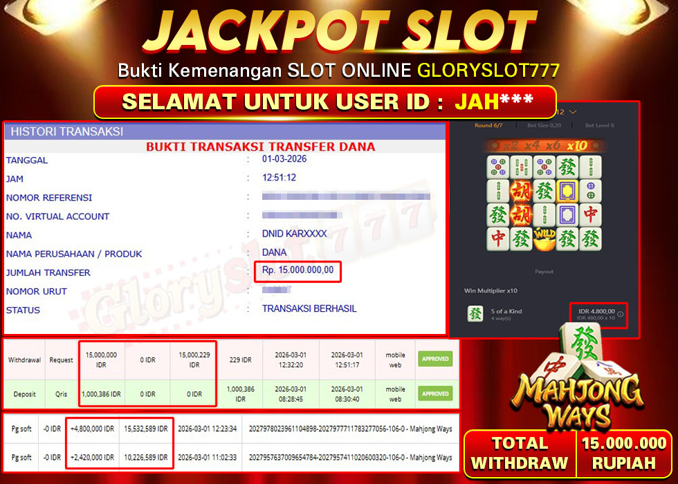 GLORYSLOT777 JACKPOT SLOT MAHJONG WAYS Rp 15.000.000,-  LUNAS