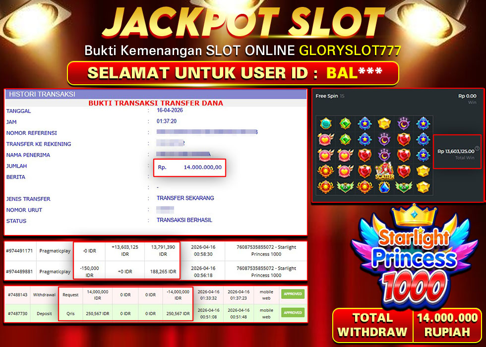 GLORYSLOT777 JACKPOT SLOT STARLIGHT PRINCESS 1000 Rp 14.000.000,- LUNAS
