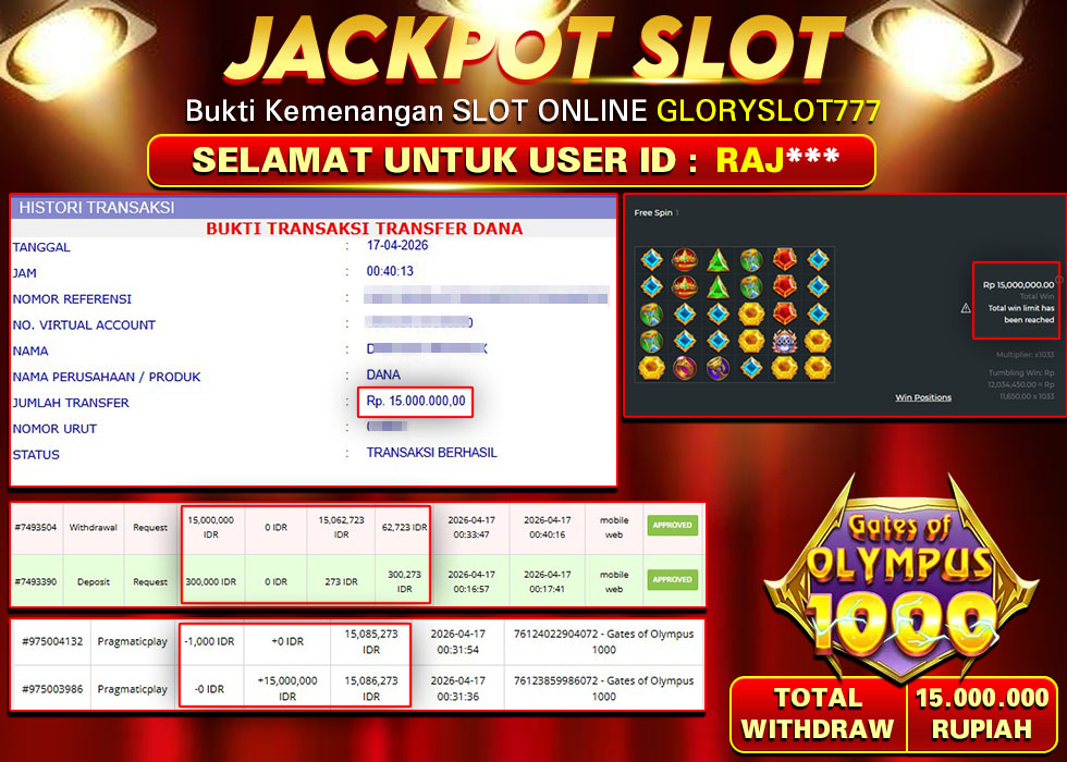 GLORYSLOT777 JACKPOT SLOT GATES OF OLYMPUS 1000 Rp 15.000.000,-  LUNAS