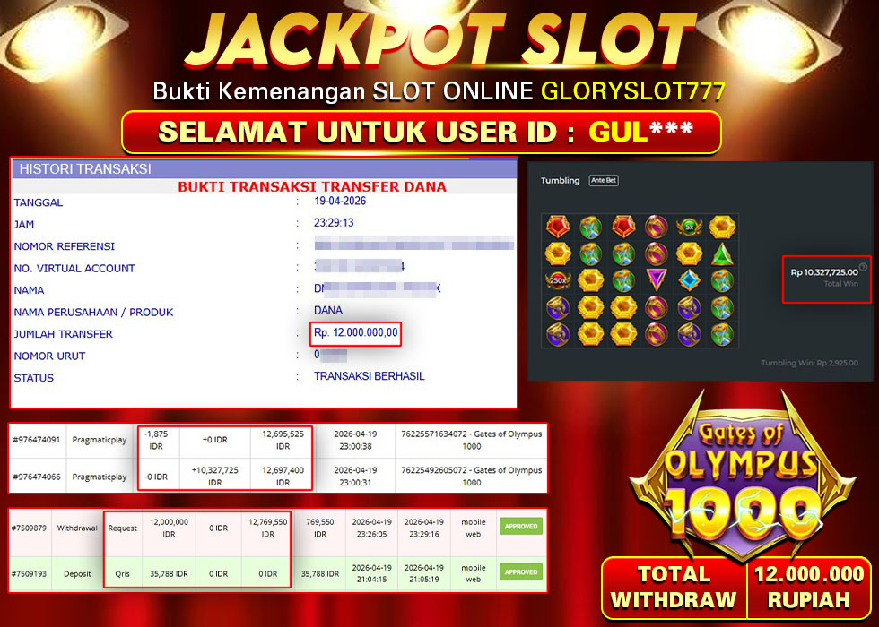 GLORYSLOT777 JACKPOT SLOT GATES OF OLYMPUS 1000 Rp 12.000.000,-  LUNAS