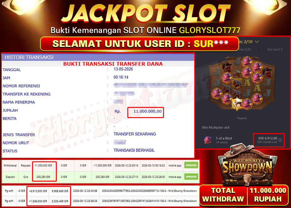 GLORYSLOT777 JACKPOT SLOT WILD BOUNTY SHOWDOWN Rp 11.000.000,- LUNAS
