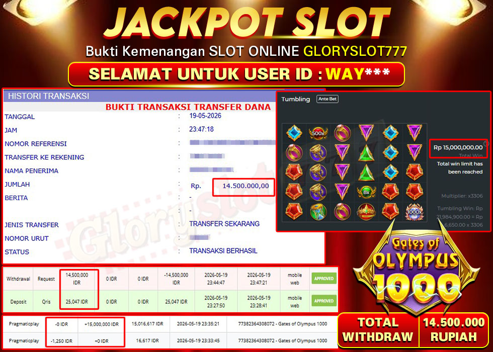 GLORYSLOT777 JACKPOT SLOT GATES OF OLYMPUS 1000 Rp 14.500.000,- LUNAS