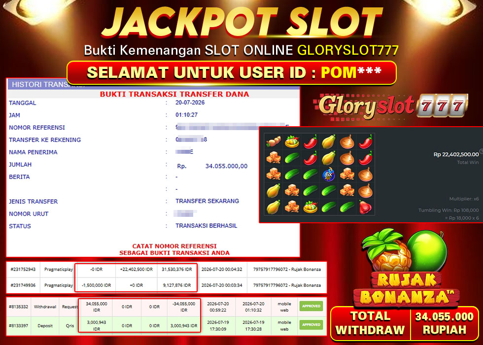 GLORYSLOT777 JACKPOT SLOT RUJAK BONANZA Rp 34.055.000,- LUNAS