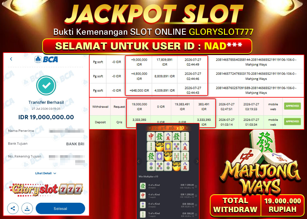 GLORYSLOT777 JACKPOT SLOT MAHJONG WAYS Rp 19.000.000,- LUNAS
