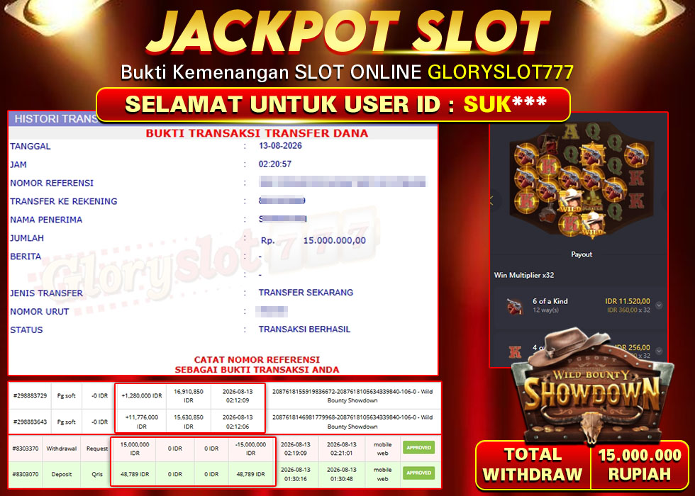 GLORYSLOT777 JACKPOT SLOT WILD BOUNTY SHOWDOWN Rp 15.000.000,- LUNAS