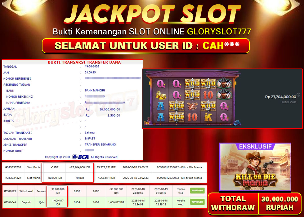GLORYSLOT777 JACKPOT SLOT KILL OR DIE MANIA Rp 30.000.000,- LUNAS